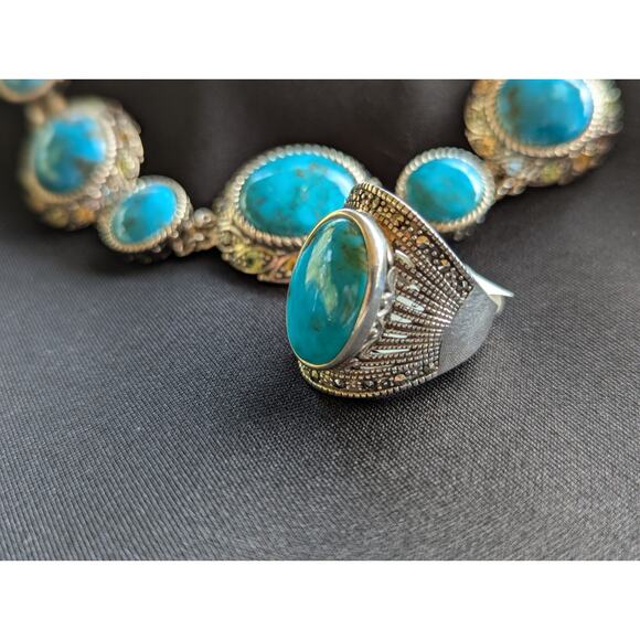 925 Turquoise & Multi-Gem Necklace & Turquoise Cabochon Ring Sterling Sz 9.5 - Picture 10 of 12